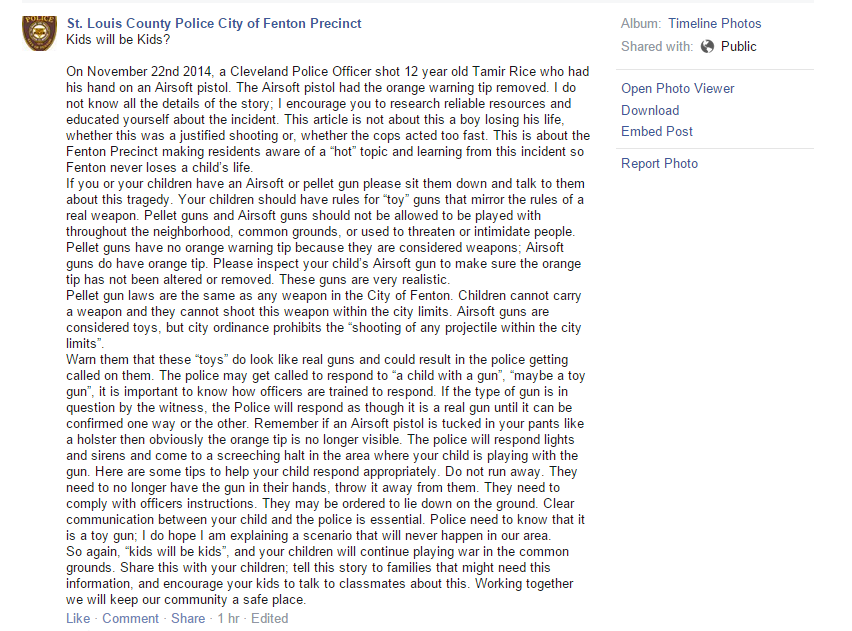 A Facebook post from the St. Louis County Police Dept., that has since been deleted.