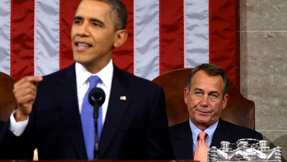 House Speaker John Boehner, who has previously forsworn the word "compromise," appeared nonplussed at most of the proposals President Obama offered in Tuesday night's State of the Union address. (AP Pool)