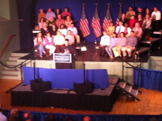 Getting ready for Vice President Joe Biden to speak in Exeter, New Hampshire.