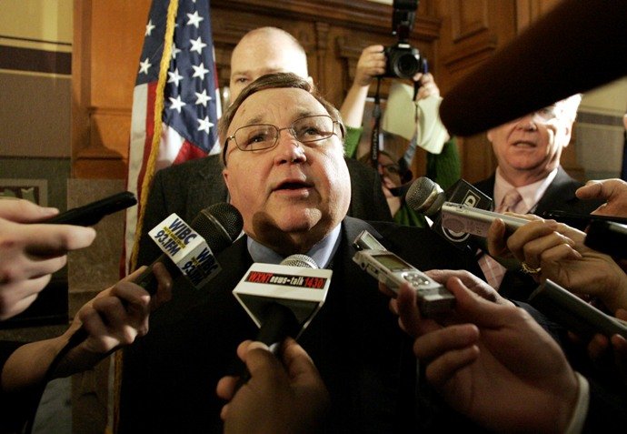 House Speaker B. Patrick Bauer, D-South Bend, talks to reporters after meeting with Gov. Mitch Daniels to discuss pending legislation at the Statehouse in Indianapolis, Wednesday, March 10, 2010.