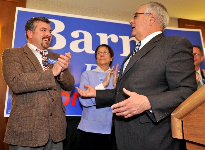 In this Nov. 2, 2010 file photo, Rep. Barney Frank, D-Mass., right, thanks his partner Jim Ready at a party in Newton, Mass., after Frank won re-election in the 4th Congressional District.