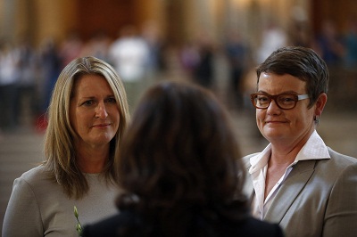 Sandy Stier and Kris Perry, plaintiffs of the lawsuit against Proposition 8, is being married by California Attorney General Kamala Harris at City Hall in San Francisco June 28, 2013. (Photo by Stephen Lam/Reuters)