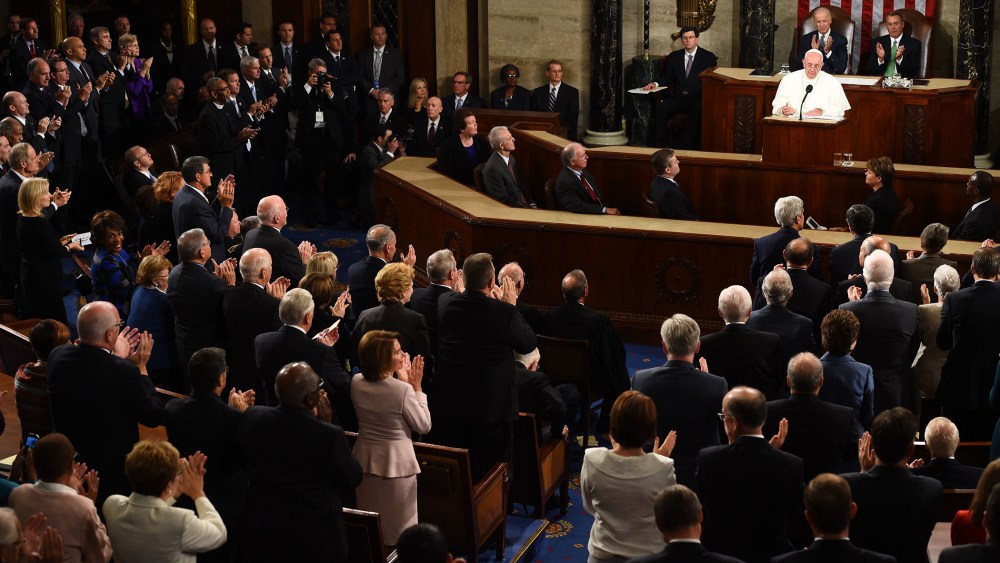 Pope Francis addresses a joint session of Congress on Sept. 24, 2014 in Washington, D.C. (Photo by Jim Watson/AFP/Getty)
