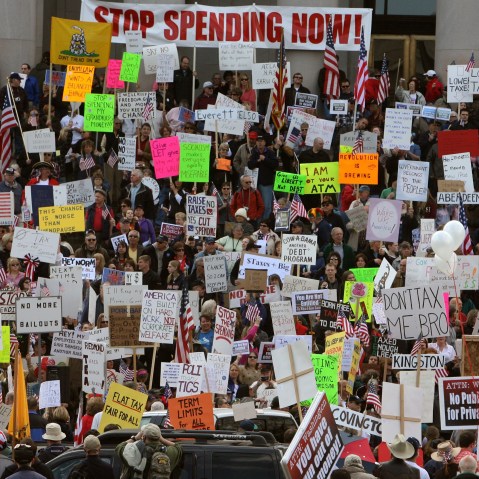An estimated crowd of over 5,000 jammed the steps of the Capitol April 15th to protest taxation at the state and federal levels.Steve Bloom/The Olympian
