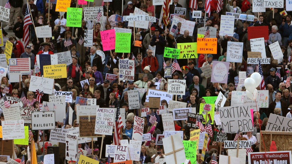 An estimated crowd of over 5,000 jammed the steps of the Capitol April 15th to protest taxation at the state and federal levels.Steve Bloom/The Olympian