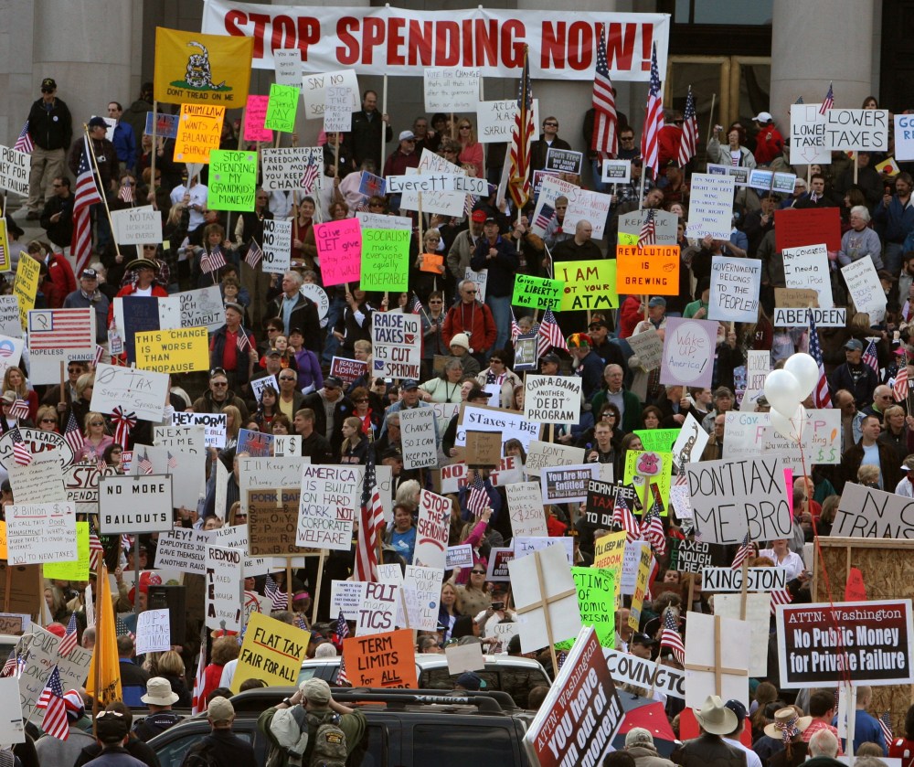 An estimated crowd of over 5,000 jammed the steps of the Capitol April 15th to protest taxation at the state and federal levels.Steve Bloom/The Olympian