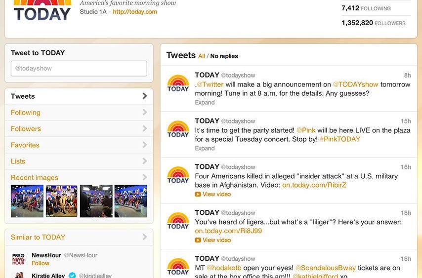 The old TODAY Twitter profile page, with the avatar to the far left, and a not-so-obvious photo stream.