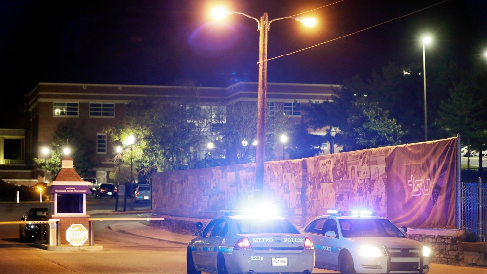 Police guard the main entrance to Tennessee State University, Oct. 23, 2015, while officials investigate the scene of a Thursday shooting on the campus in Nashville, Tenn. (Photo by Mark Humphrey/AP)