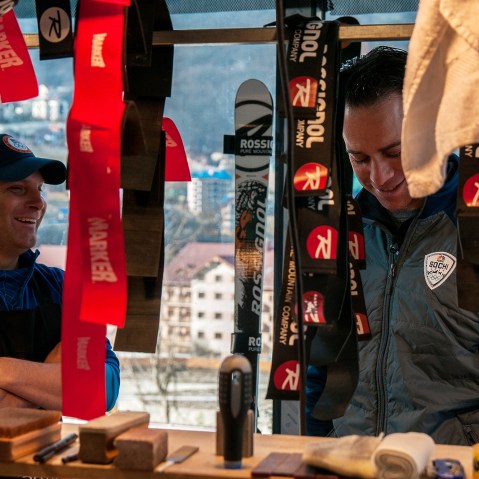 Brian Shactman visits ski technician Miha Dolinar in his workshop.