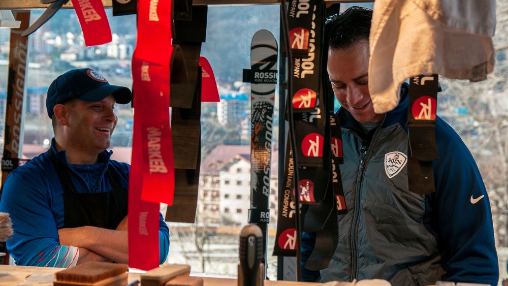 Brian Shactman visits ski technician Miha Dolinar in his workshop.