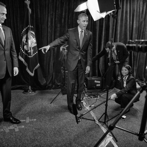 President Barack Obama is seen backstage at the MSNBC town hall event on immigration with host Jose Diaz-Balart in Miami, Fla., on Feb. 25th, 2015. (Photo by Charles Ommanney/Reportage by Getty for MSNBC)