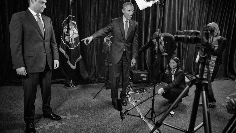 President Barack Obama is seen backstage at the MSNBC town hall event on immigration with host Jose Diaz-Balart in Miami, Fla., on Feb. 25th, 2015. (Photo by Charles Ommanney/Reportage by Getty for MSNBC)