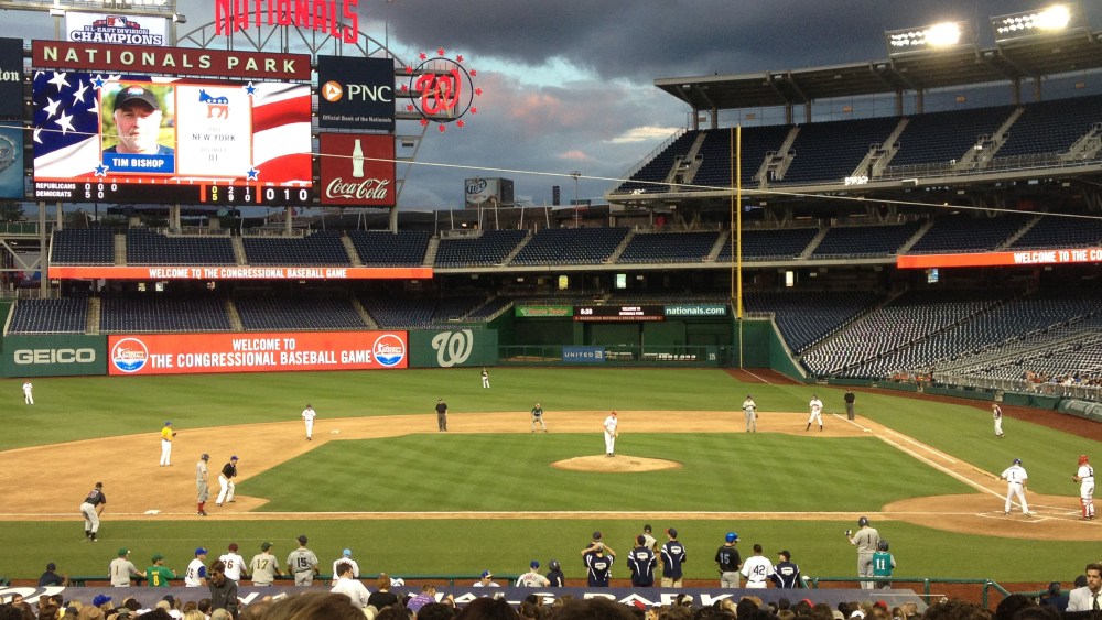 New York Representative Tim Bishop at bat during Thursday night's Congressional Baseball game. Photo by Sean Savett, Courtney Douglass, and David Puentes for msnbc.