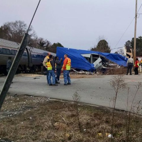An Amtrak train derails in North Carolina after colliding with a truck. (Photo by Lance Martin via RRSpin)