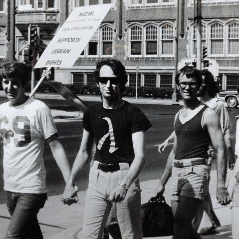 Jack Baker and Michael McConnell, the first same-sex married couple in Minnesota, participate in a Pride Parade in Minneapolis, 1974. (Courtesy of the Jean-Nickolaus Tretter Collection in GLBT Studies/University of Minnesota Libraries)