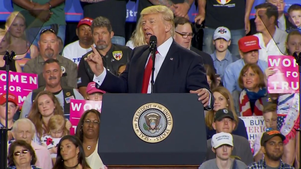 President Trump addresses rally in Harrisburg, PA on April 29, 2017. Screenshot from NBCNews.