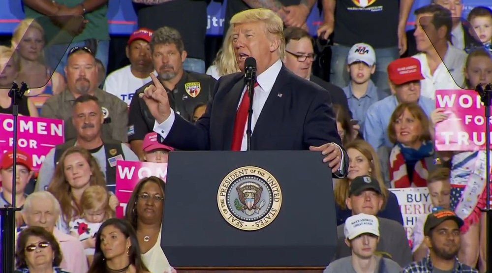 President Trump addresses rally in Harrisburg, PA on April 29, 2017. Screenshot from NBCNews.