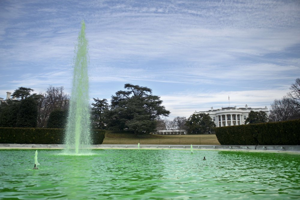 The South Lawn fountain at the White House in Washington, DC is dyed green in celebration of St. Patrick's Day on March 17, 2015.
