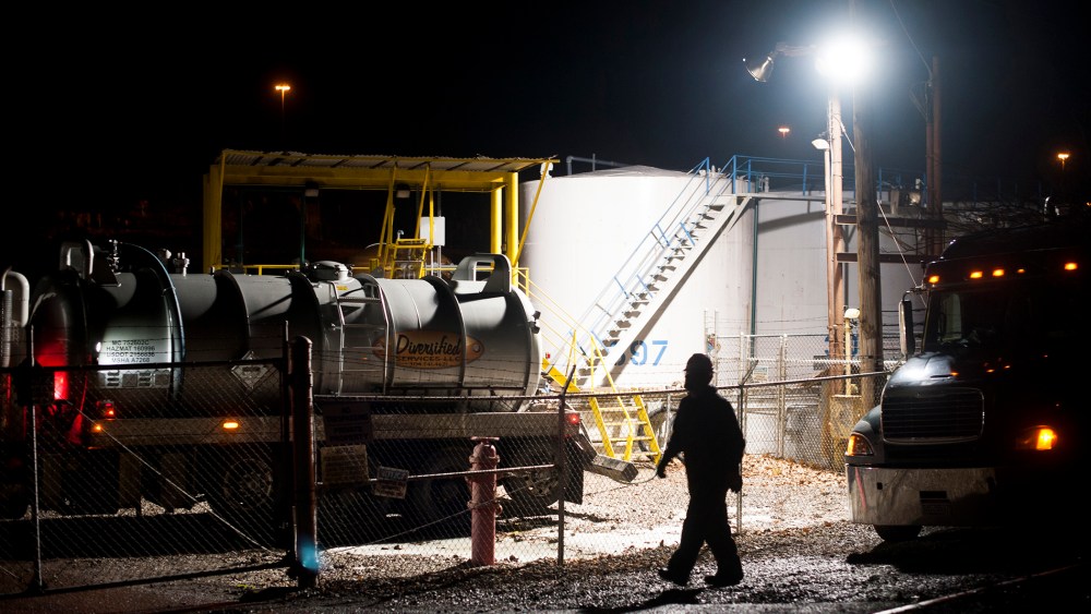 Emergency crews worked throughout the night cleaning up a chemical leak from a tank at the West Virginia American Water Plant on the Elk River, Jan. 11, 2014.