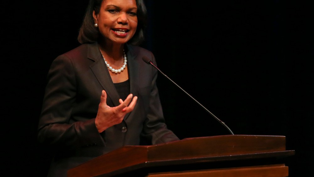 Former Secretary of State Condoleezza Rice delivers a speech at Northrop Auditorium Thursday, April 17, 2014 on the University of Minnesota campus in Minneapolis.