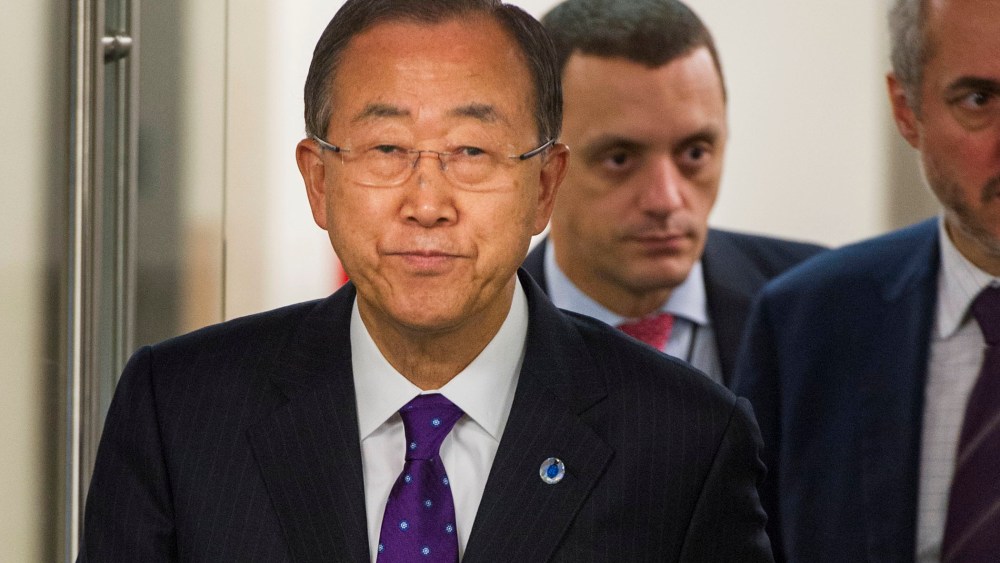 In this photo provided by the United Nations, United Nations Secretary-General Ban Ki-moon arrives for a press briefing wearing a purple tie in recognition of "Spirit Day" on Oct. 16, 2014 at the U.N. headquarters.