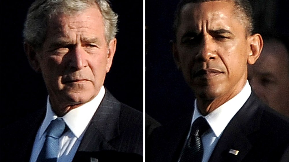 This split image composite shows images of U.S. President Barack Obama (R), and former President George W. Bush (L) as they attend the 9/11 Memorial during the tenth anniversary ceremonies of the September 11, 2001 terrorist attacks at the World Trade...
