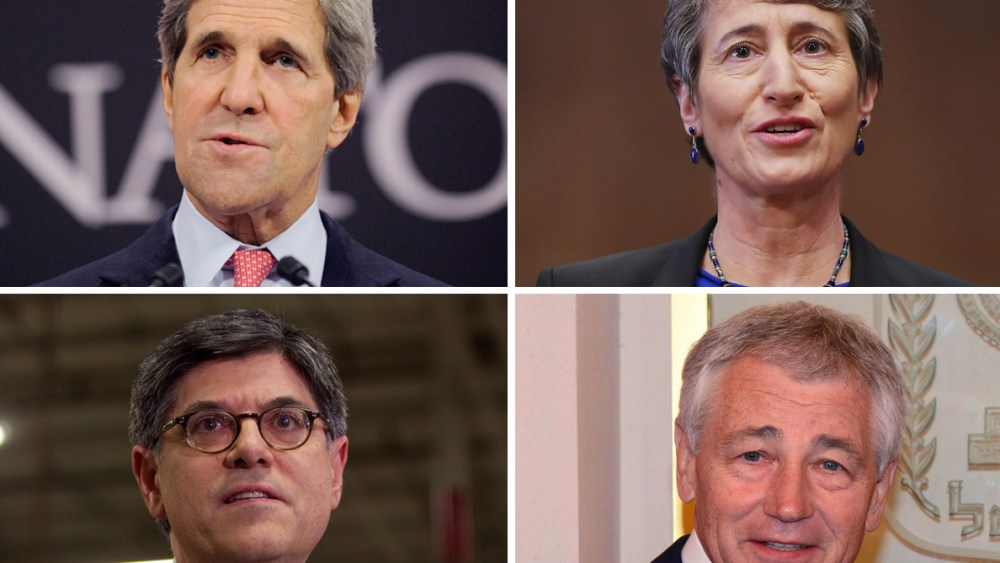 This digital composite shows photos: (Top, L) US Secretary of State John Kerry at the NATO Headquarters in Brussels on April 23, 2013. (Photo by John Thys/AFP/Getty Images); (Top, R) Sally Jewell before testifying to the Senate Energy and Natural...