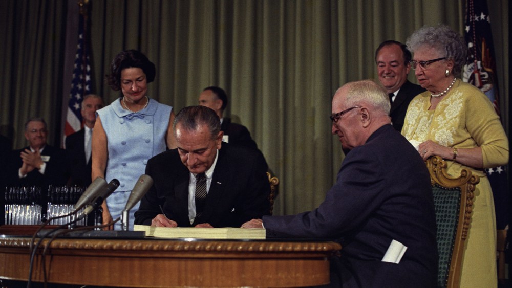 President Lyndon B. Johnson signs the Medicare Bill, July 30, 1965. (Photo by White House Press Office/Archivio GBB/Agenzia Contrasto/Redux)