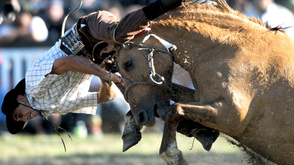 A gaucho or cowboy falls down after riding a horse during a rodeo competition in Montevideo, Uruguay, Friday, April 6, 2012