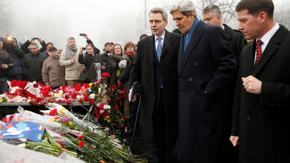 Secretary of State John Kerry visits the Shrine of the Fallen in Kiev, Ukraine, Tuesday, March 4, 2014.