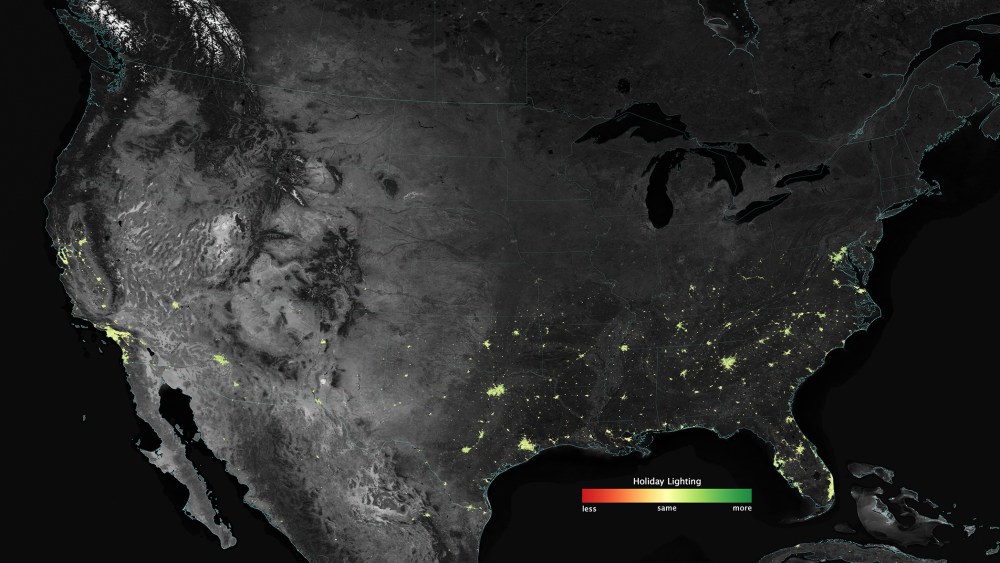 City lights shine brighter during the holidays in the United States when compared with the rest of the year, as shown using a new analysis of daily data from the NASA-NOAA Suomi NPP satellite.