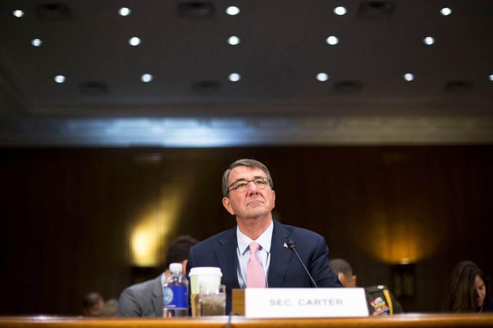 Defense Secretary Ash Carter arrives on Capitol Hill in Washington, D.C., Dec. 9, 2015, to testify before the Senate Armed Service Committee hearing on the Islamic State. (Photo by Pablo Martinez Monsivais/AP)