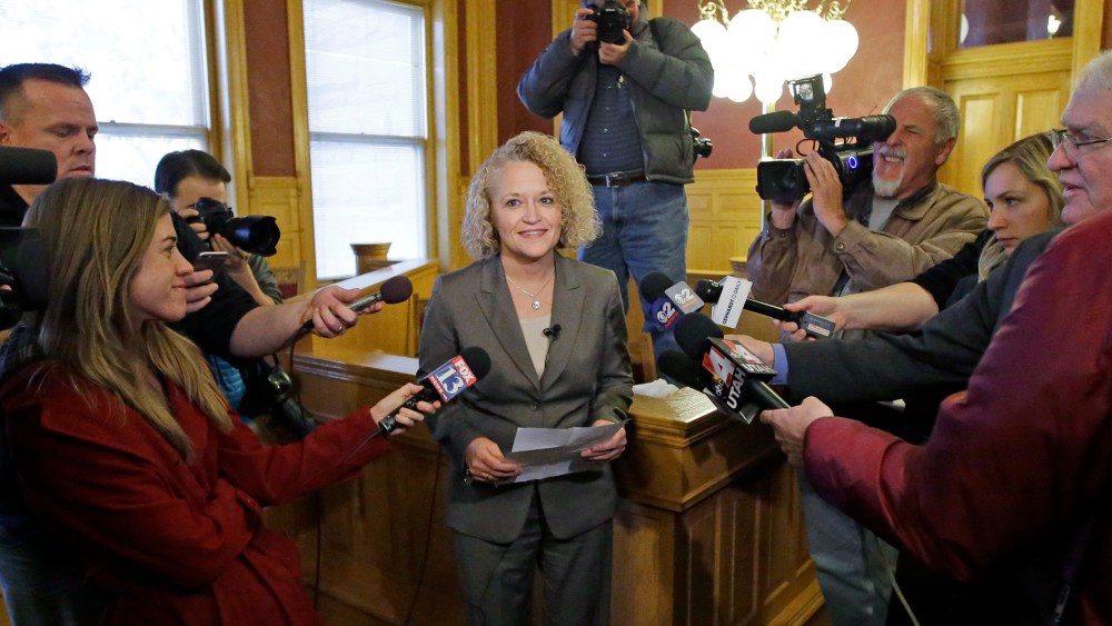 Former Utah lawmaker Jackie Biskupski speaks with reporters after she was elected Salt Lake City's first openly gay mayor, Nov. 17, 2015, in Salt Lake City. (Photo by Rick Bowmer/AP)