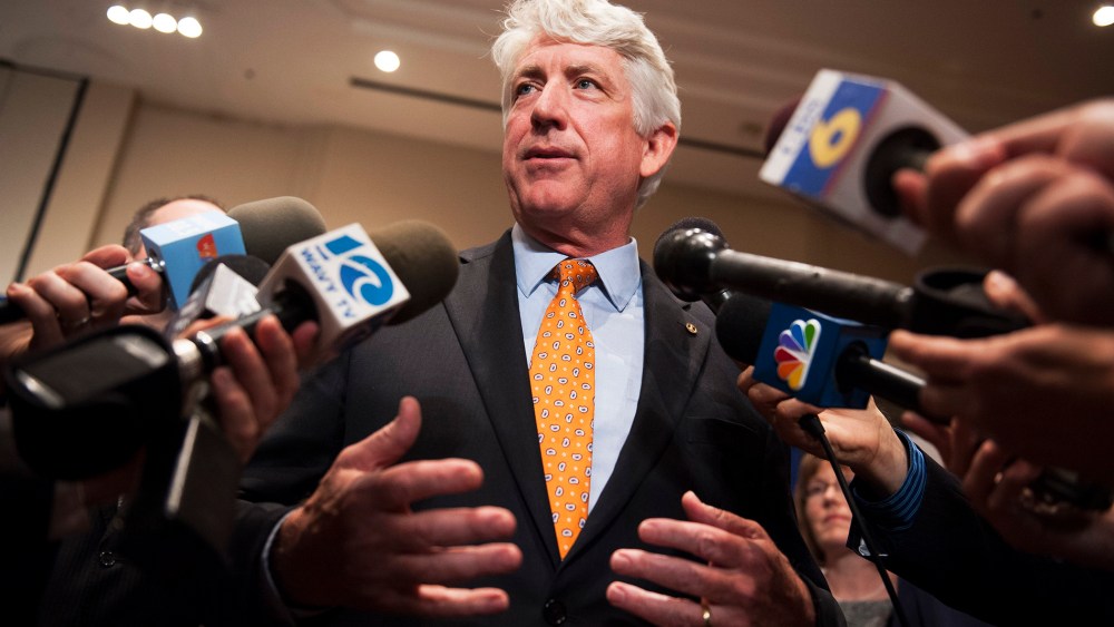 Democratic Attorney General candidate Mark Herring speaks with reporters