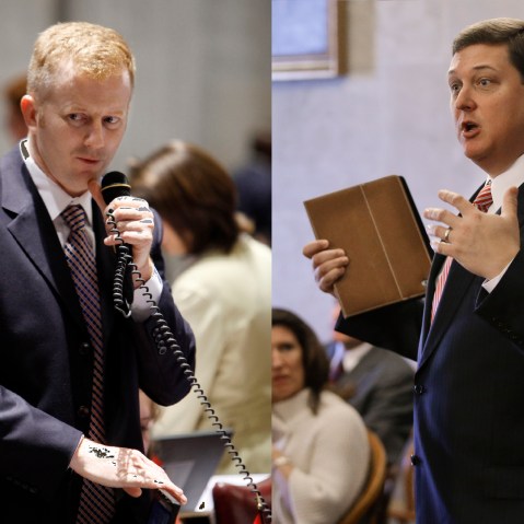 Sen. Stacey Campfield, left, (R-Knoxville) and Rep. Vance Dennis, right, (R-Savannah), sponsored the bill that would reduce welfare benefits for families of children that perform poorly in school. (AP Photos by Mark Humphrey)