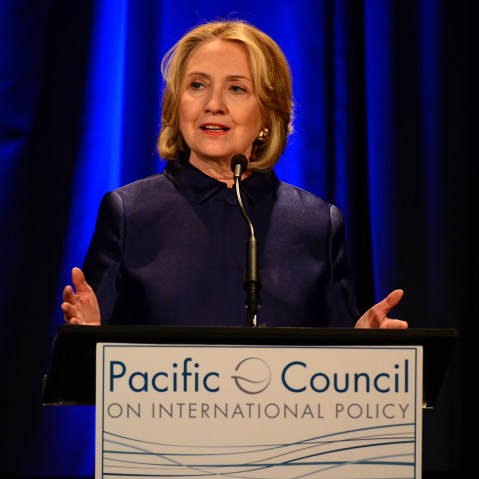 Fomer U.S. Secretary of State Hillary Rodham Clinton speaks at an event hosted by The Pacific Council on International Policy in Los Angeles, California on May 8, 2013. (Photo by Frederic J. Brown/AFP/Getty)