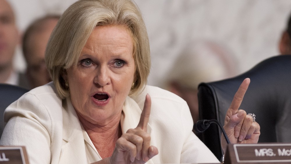 Missouri Democrat Senator Claire McCaskill questions a panel of the Joint Chiefs of Staff and their legal counsels as they testify regarding sexual assaults in the military during a Senate Armed Services Committee hearing on Capitol Hill  AFP PHOTO /...