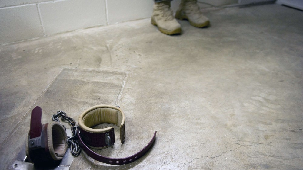 The floor shackles within the solitary recreation room in Cell Block C in the "Camp Five" detention facility of the Joint Detention Group at the US Naval Station in Guantanamo Bay, Cuba. (January 19, 2012 file photo)