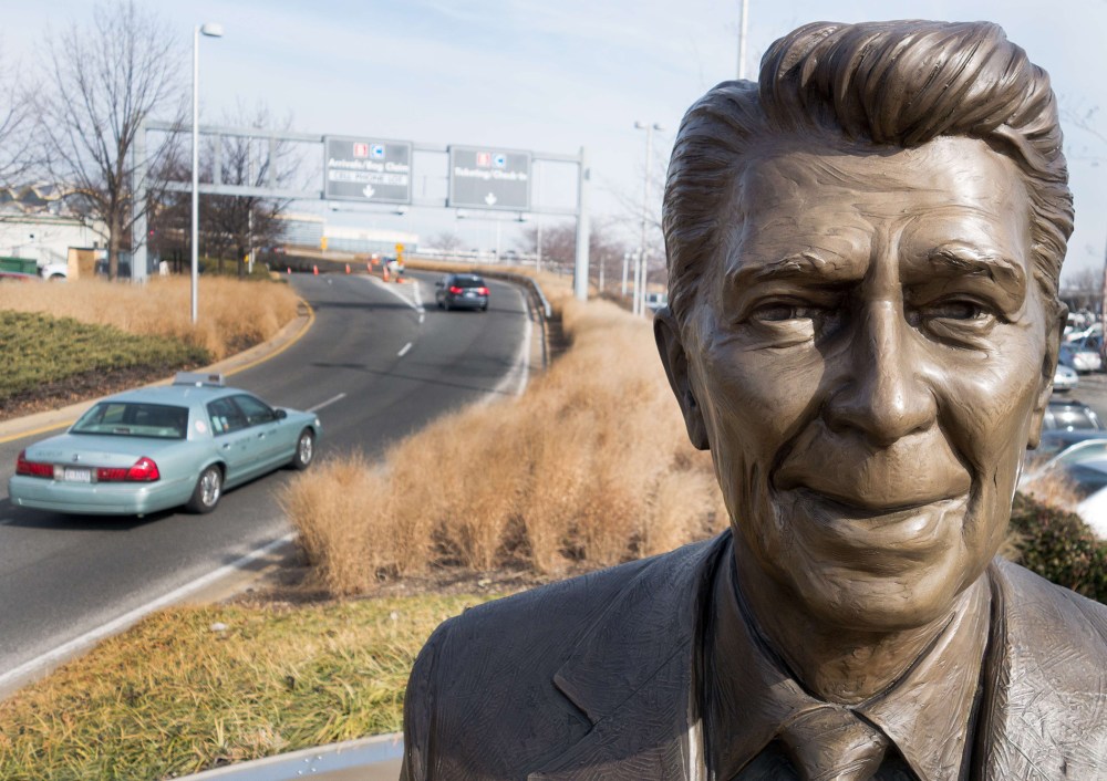 A statue of former President Ronald Reagan is seen February 6, 2014 at the entrance to Ronald Reagan International Airport in Washington, D.C.