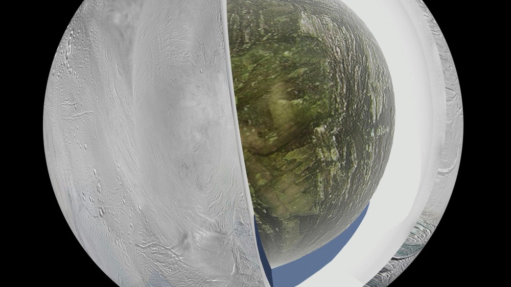 This NASA image obtained April 4, 2014 , shows a diagram that illustrates the possible interior of Saturn's moon Enceladus based on a gravity investigation by NASA's Cassini spacecraft and NASA's Deep Space Network.