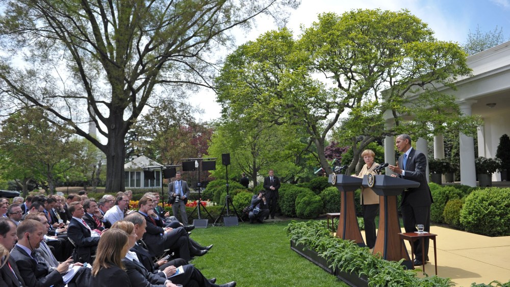 President Barack Obama speaks during a joint press conference with German Chancellor Angela Merkel in the Rose Garden of the White House on May 2, 2014 in Washington, D.C.
