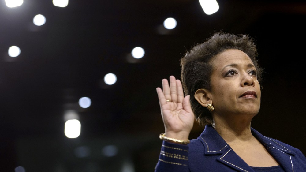 Loretta Lynch is sworn in during her confirmation hearing before the Senate Judiciary Committee on Jan. 28, 2015 in Washington, DC.