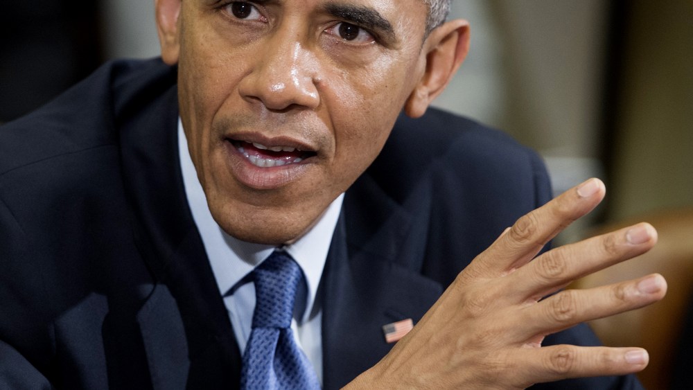 US President Barack Obama speaks during a meeting in the Roosevelt Room of the White House in Washington, DC, on Feb. 3, 2015. (Photo by Saul Loeb/AFP/Getty)