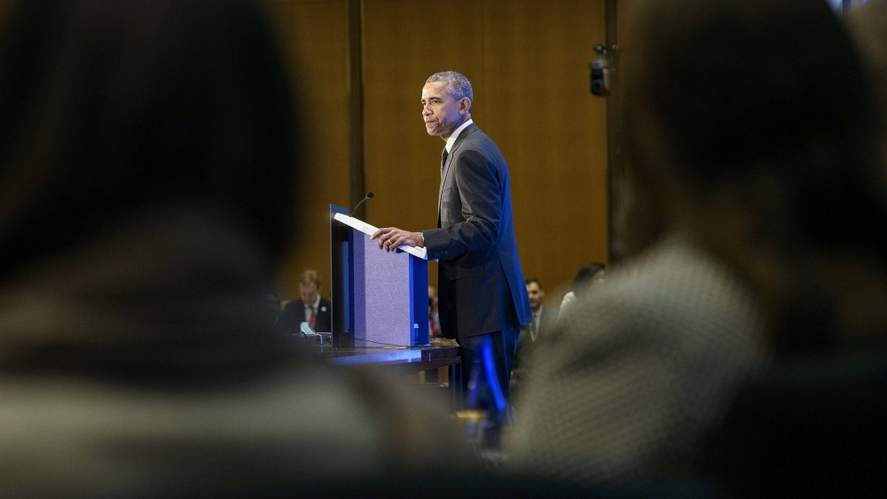 President Barack Obama speaks during the White House Summit on Countering Violent Extremism at the US State Department on Feb. 19, 2015 in Washington, D.C. (Photo by Brendan Smialowski/AFP/Getty)