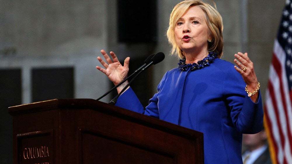 Hillary Clinton delivers the keynote address at the 18th Annual David N. Dinkins Leadership and Public Policy Forum at Columbia University, in New York on April 29, 2015. (Photo by Trevor Collens/AFP/Getty)