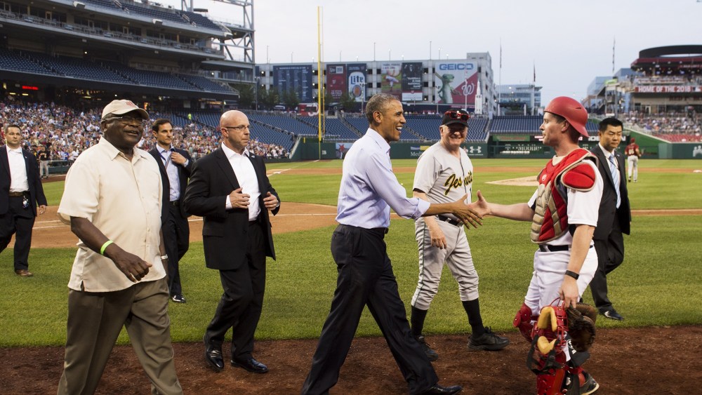 President Barack Obama greets members of the Republican team during the annual Congressional Baseball Game between the Democrats and Republicans in Congress at Nationals Park in Washington, D.C., June 11, 2015. (Photo by Saul Loeb/AFP/Getty)