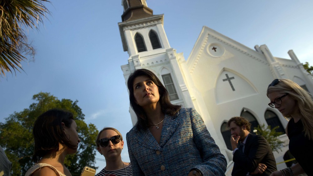 South Carolina Governor Nikki Haley waits to speak to press outside the Emanuel AME Church June 19, 2015 in Charleston, S.C. (Photo by Brendan Smialowski/AFP/Getty)
