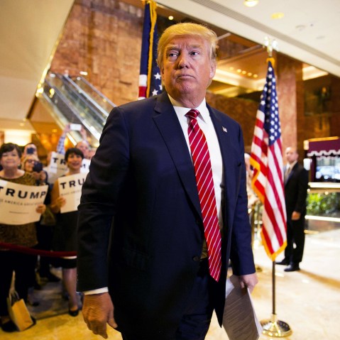 Republican presidential hopeful Donald Trump announces his tax plan during a press conference in New York, N.Y., on Sept. 28, 2015. (Photo by Dominick Reuter/AFP/Getty)