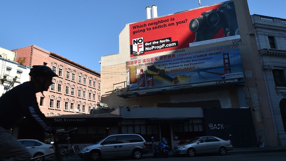 A billboard funded by Airbnb shows opposition to Proposition F in downtown San Francisco, Calif., on Nov. 3, 2015. (Photo by Josh Edelson/AFP/Getty)