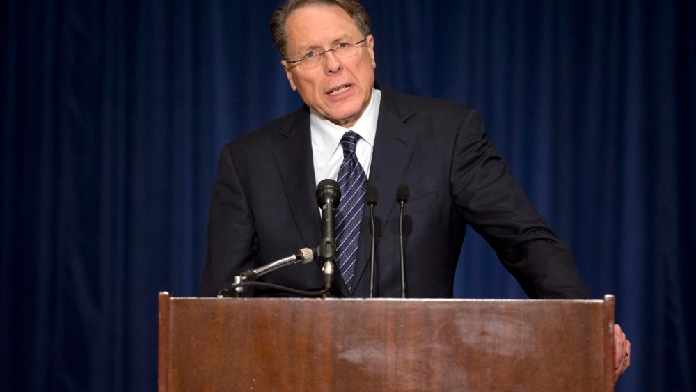 National Rifle Association Executive Vice President Wayne LaPierre calls on Congress to pass a law putting armed police officers in every school in America during a news conference Dec. 21, 2012 in Washington, DC.  (Photo by Evan Vucci/AP Photo)
